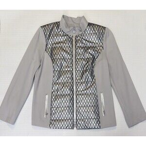 NWOT I'CONA Gray & Silver Metallic Zip Athleisure Jacket Size 14 Euro Luxury